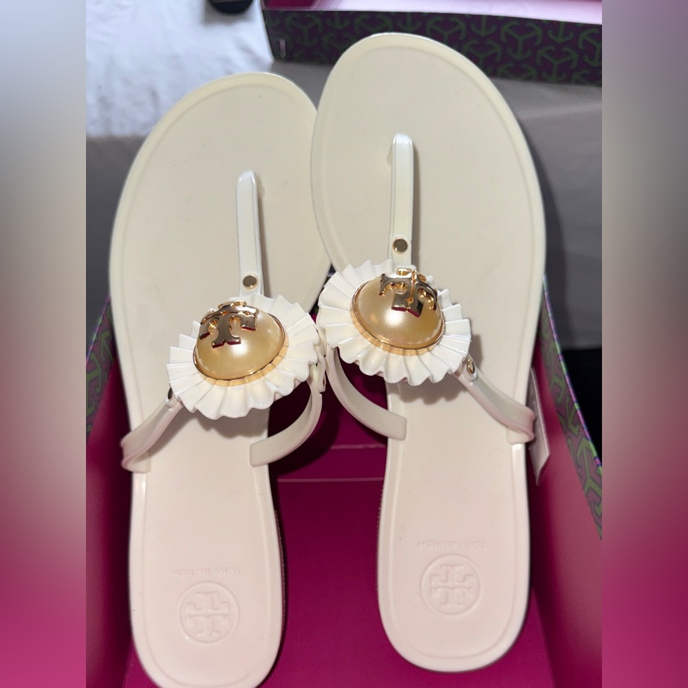 Tory Burch Cream and Gold Thong Sandals